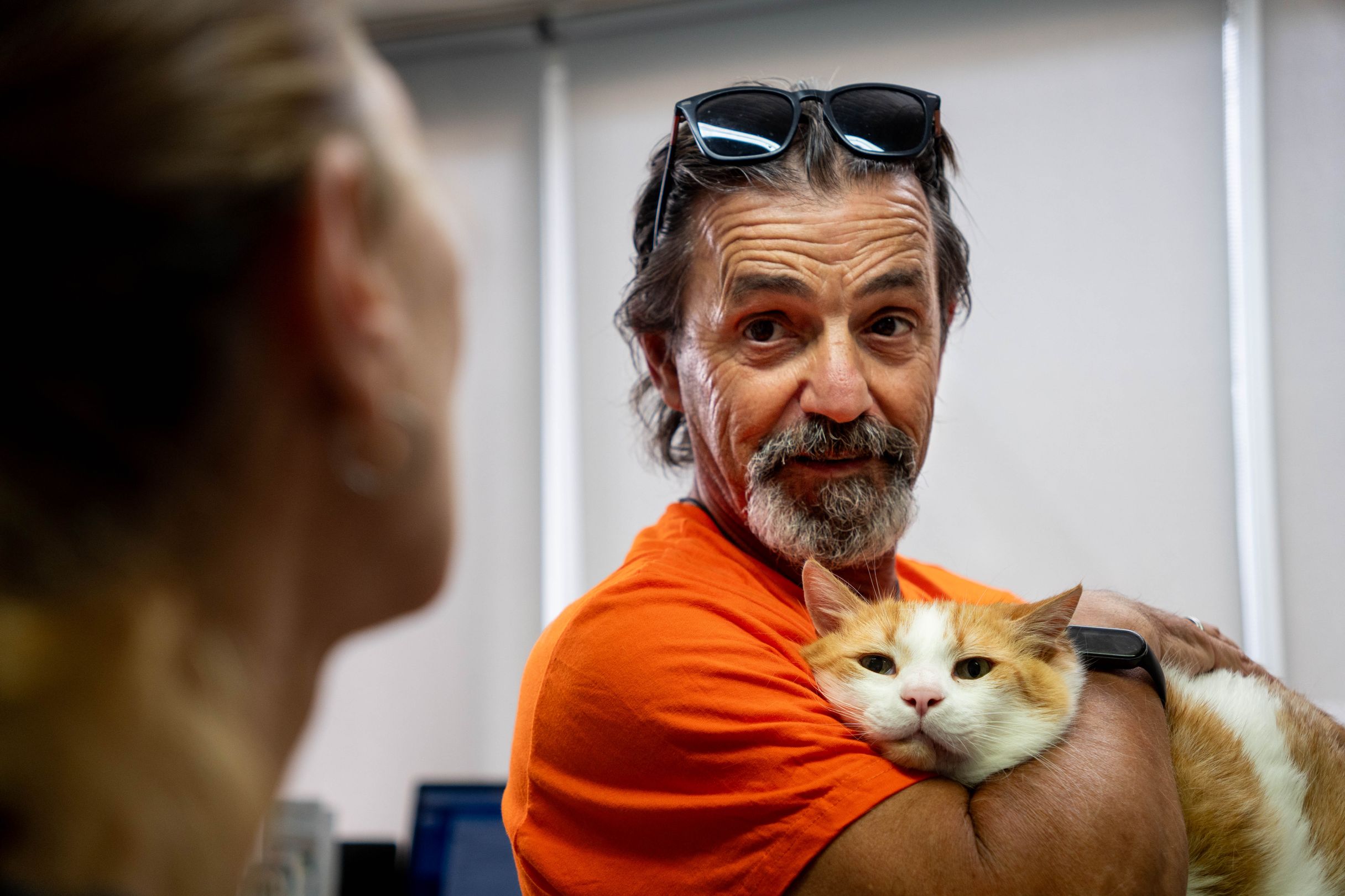 Κτηνίατρος εξετάζει ένα σκυλάκι με τους ιδιοκτήτες του.